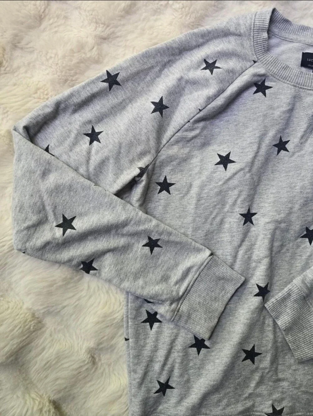 Lucky Brand Light Gray Crewneck Sweater with Black Star Print